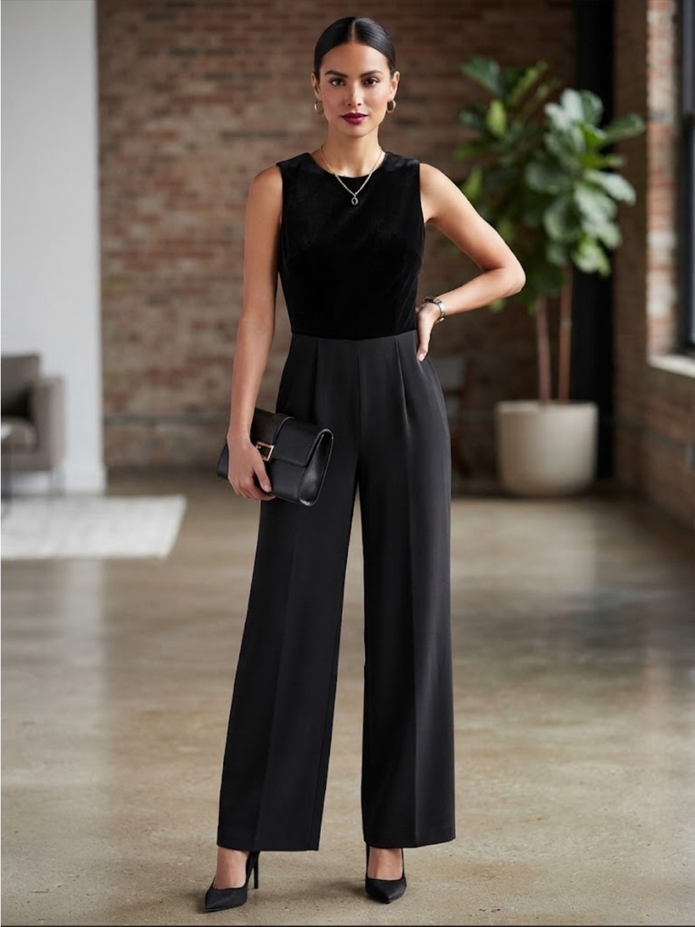 Eliza J Black Velvet & Crepe Wide-Leg Jumpsuit 6